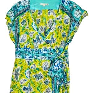 Nanette Lepore Silk Beach Themed Seashell Print V Neck Front Wrap Blouse Tunic